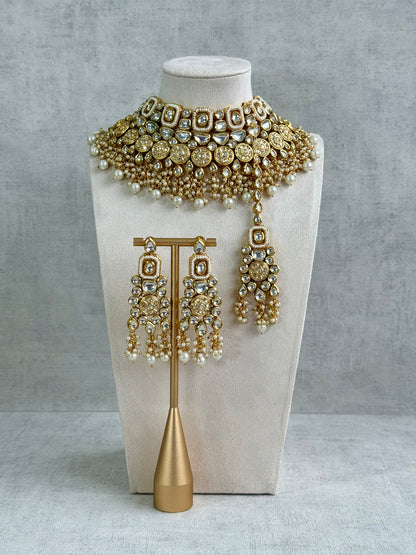 Ayura Designs Suhana Bridal Set with Necklace, Earrings & Tikka – Kundan Stones with Pearl Detailing in Antique Gold Finish