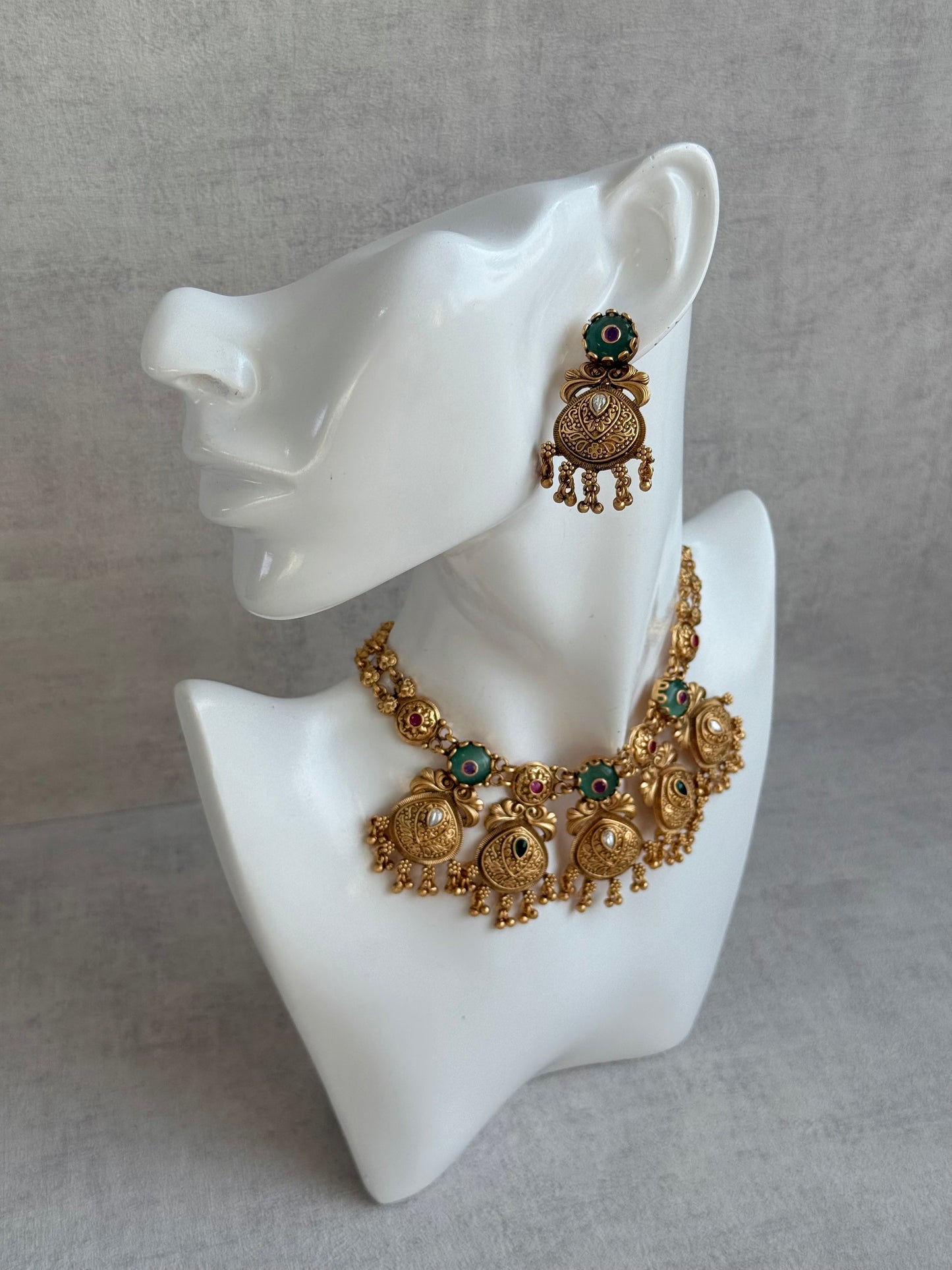 Ayura Designs Alera Set with Necklace & Earrings – Peacock Green and Rani Pink with Antique Gold Ghungroo Detailing