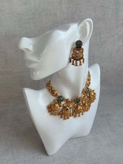 Ayura Designs Alera Set with Necklace & Earrings – Peacock Green and Rani Pink with Antique Gold Ghungroo Detailing