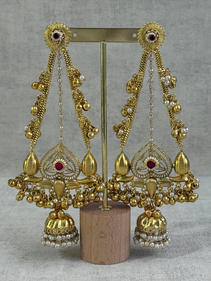 Ayura Designs Teja Earrings – Antique Gold Jhumkis with Ruby Stone & Pearl Detailing