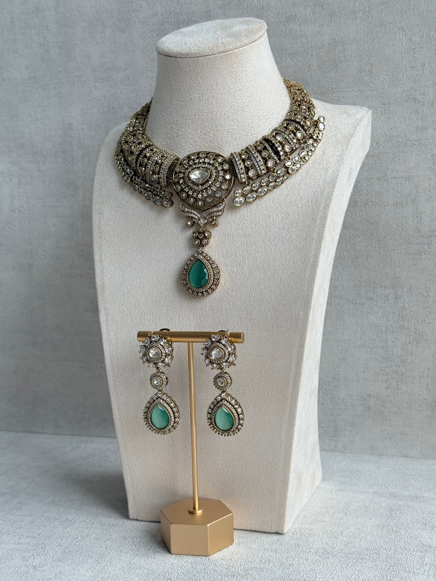 Ayura Designs Ahana Necklace Set with Earrings – Mint Green Teardrop Stones & Moissanite Detailing