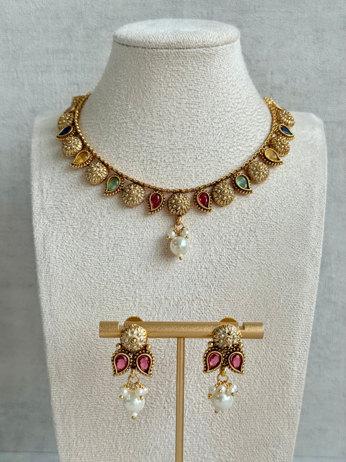 Ayura Designs Mayura Necklace Set with Earrings – Antique Gold Meenakari Motifs with Pearl Drop & Multicolour Stones
