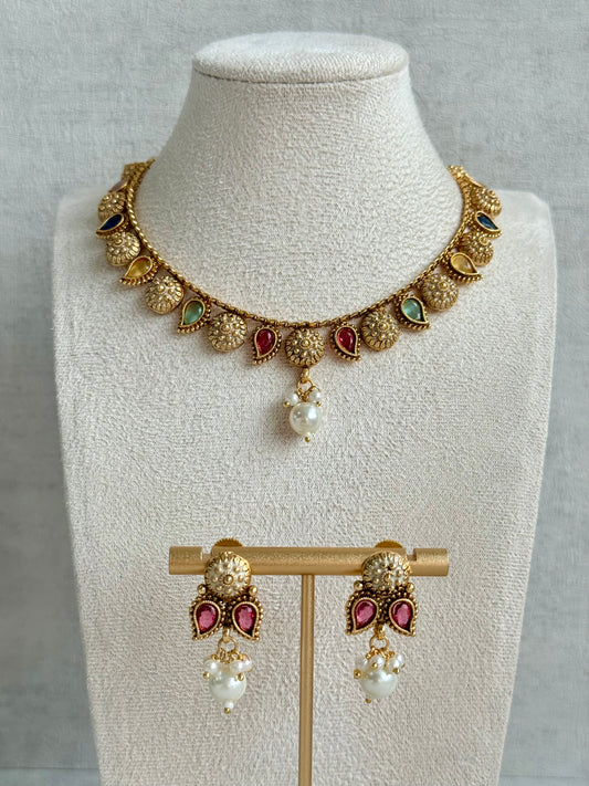 Ayura Designs Mayura Necklace Set with Earrings – Antique Gold Meenakari Motifs with Pearl Drop & Multicolour Stones