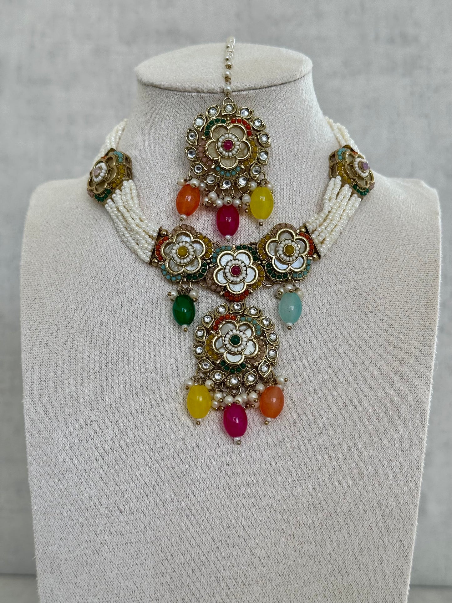 Ayura Designs Suroor Set – Multi-Colored Kundan & Pearl Ensemble with Earrings & Tikka