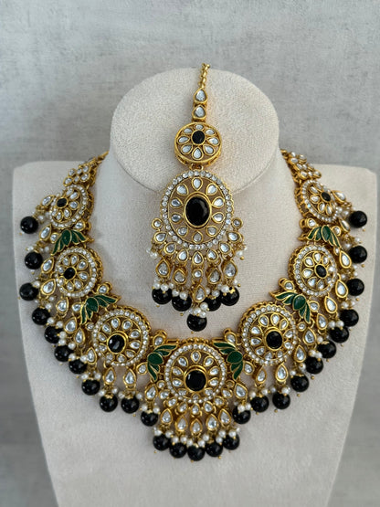 Ayura Designs Zara Set with Necklace, Earrings, Tikka & Passa – Antique Gold with Kundan Detailing & Black Beads