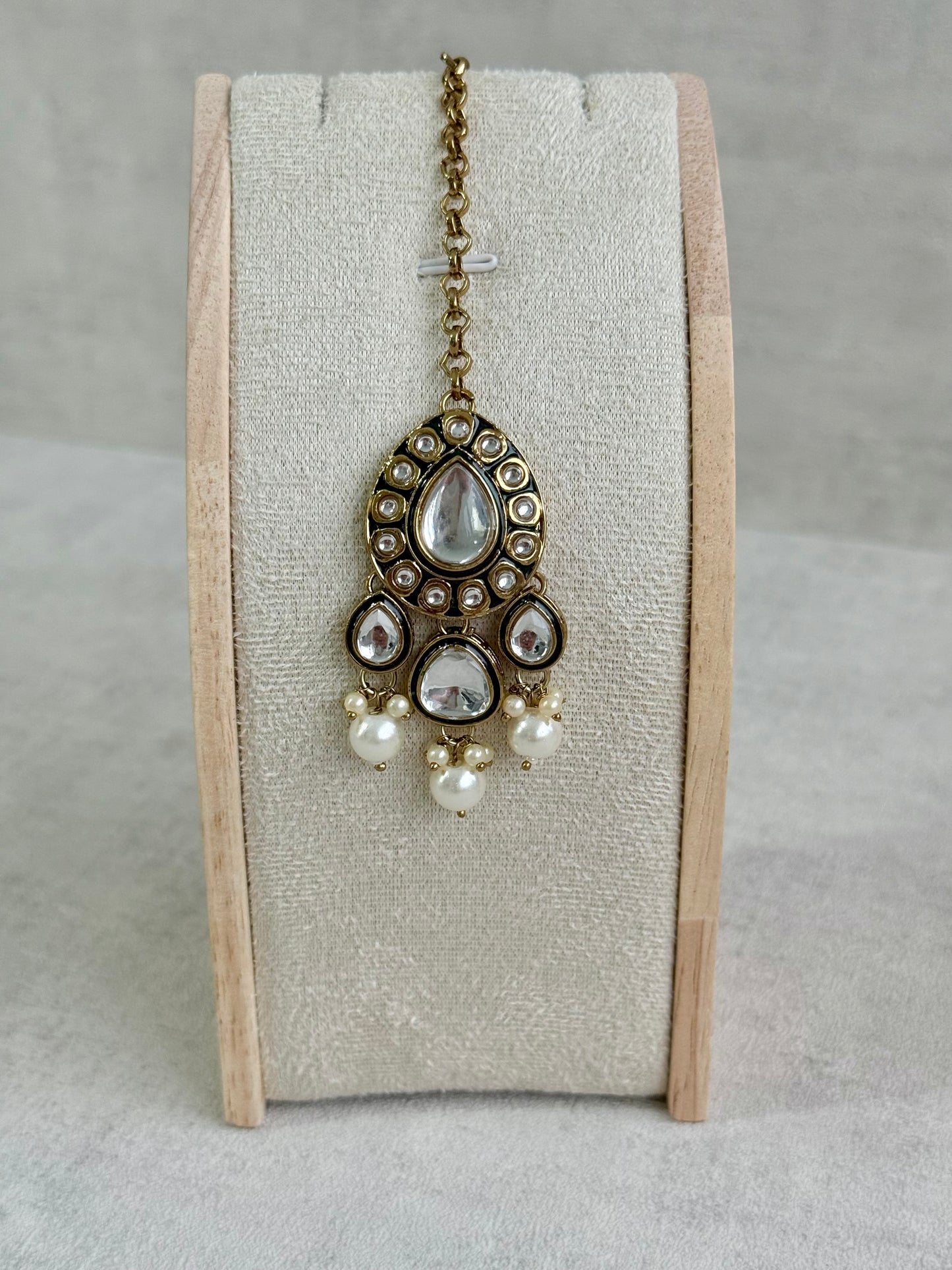 Ayura Designs Kalika Set with Necklace, Earrings, Tikka & Ring – Polki-Style Stones with Antique Green Enamel Detailing & Pearl Drops