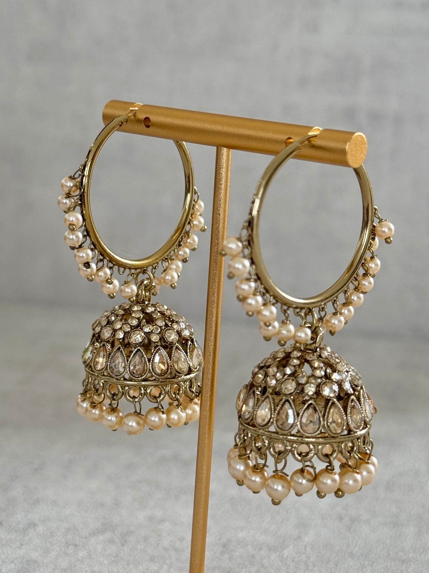 Ayura Designs Jugni Bali Jhumkas – Antique Gold with Ivory Pearl Accents