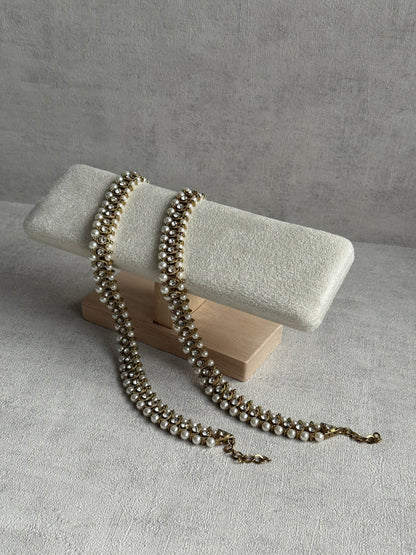 Ayura Designs Chandni Payals – Kundan Anklets with White Pearls & Antique Gold Finish