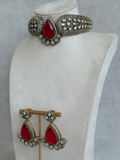 Ayura Designs Ziva Choker Set with Earrings – Ruby Red Teardrop Stone with Moissanite Style Detailing