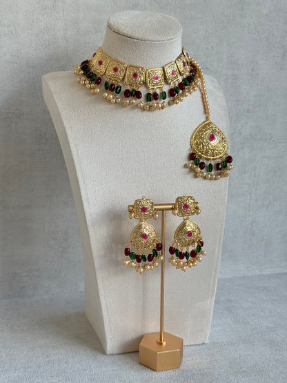 Ayura Designs Chetna Choker Set with Earrings & Tikka – Maroon & Emerald Green Beads, Cream Pearl Drops with Pipal Patti Detailing
