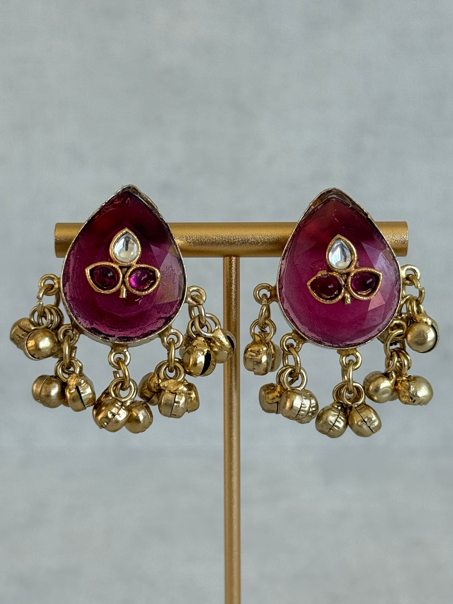 Ayura Designs Aykai Earrings – Ruby Pink Teardrop Stud Earrings with Clear Kundan Stones and Gold Ghungroo Drops