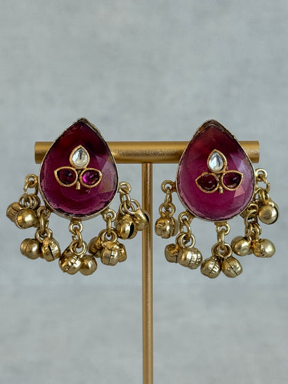 Ayura Designs Aykai Earrings – Ruby Pink Teardrop Stud Earrings with Clear Kundan Stones and Gold Ghungroo Drops