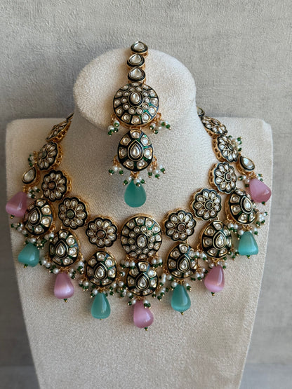 Ayura Designs Sumaira Set with Passa – Necklace, Earrings, Tikka & Passa with Kundan, Green Meenakari Detailing & Aqua-Pink Drops
