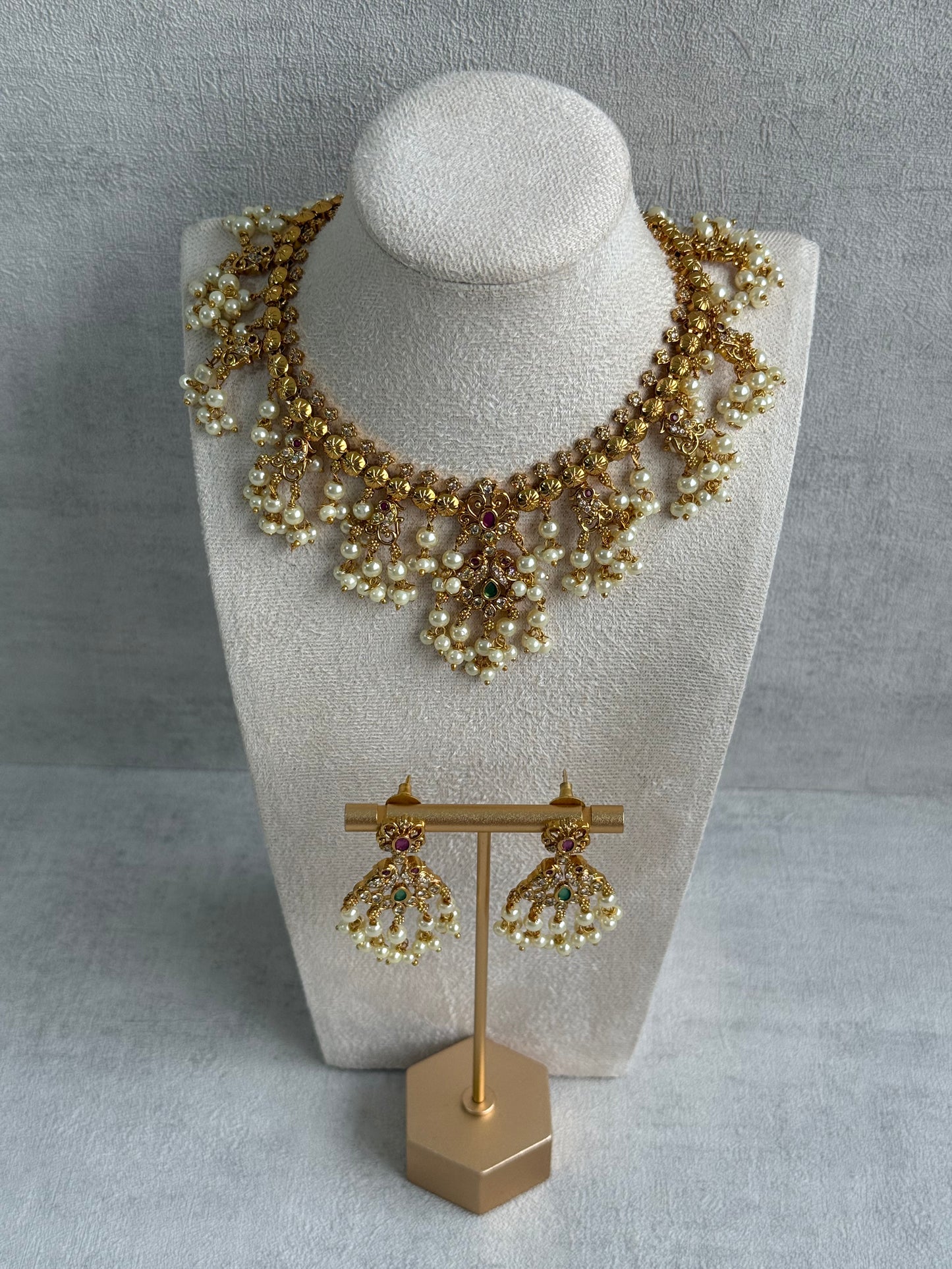 Ayura Designs Tanvi Set – Antique Gold Necklace & Earrings with Kundan, Ruby, Emerald & Pearl Detailing