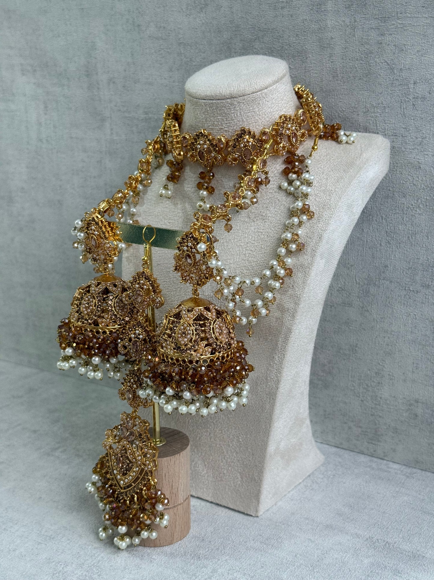 Ayura Designs Noor Set – Choker, Jhumkis with Sahare & Tikka in Champagne Gold with Pearl Detailing