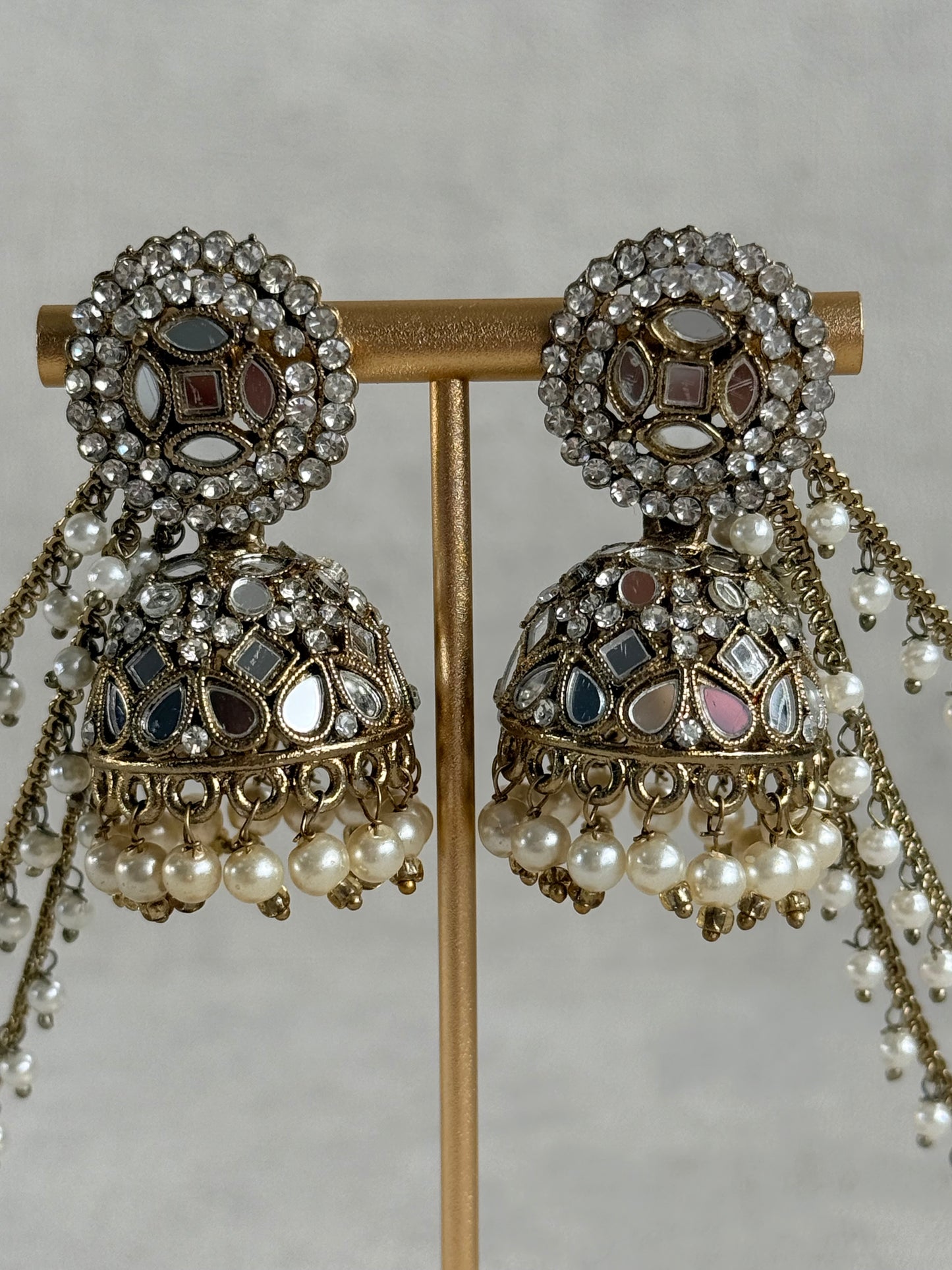 Ayura Designs Aaina Jhumkis – Antique Gold Mirror & Crystal Earrings with Detachable Triple-Layer Pearl Sahare
