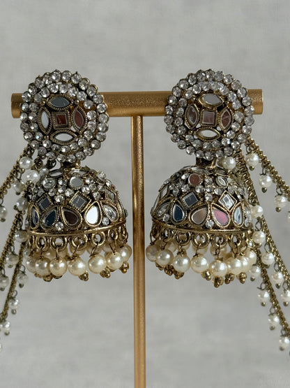 Ayura Designs Aaina Jhumkis – Antique Gold Mirror & Crystal Earrings with Detachable Triple-Layer Pearl Sahare