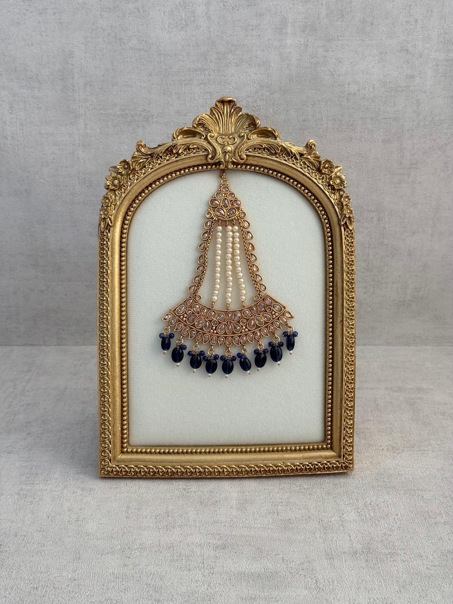 Ayura Designs Ramzi Jhoomar Passa – Antique Gold with Kundan Detailing, Pearl Strands & Ink Blue Drops