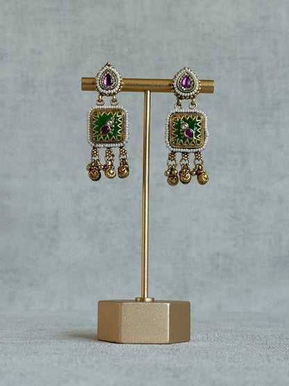 Ayura Designs Inira Drop Earrings – Emerald Green Enamel Bird Earrings with Rani Pink Kundan & Ghungroo Drops