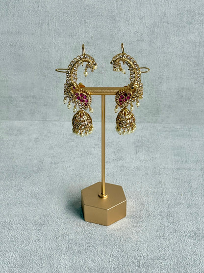 Ayura Designs Padma Earrings – Gold Half Ear Cuffs with Peacock Motif, Pink Stone Accents, Kundan Crystals & Pearl Jhumka Drops