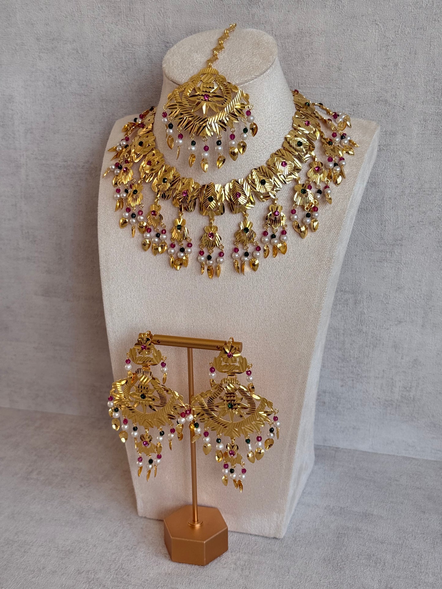 Ayura Designs Baisakhi Set with Earrings & Tikka – Gold Pipal Patti Design with Ruby Pink, Emerald Green & Pearl Detailing