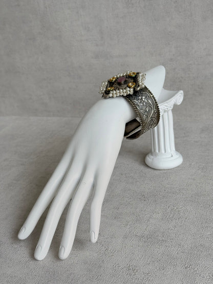 Ayura Designs Suhani Adjustable Kashmiri Cuff Bracelet – Pearl Floral Motif with Pink Stone & Kundan Detailing