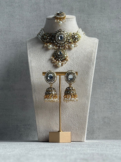 Ayura Designs Muskaan Set – Choker, Jhumkis & Tikka with Ivory Pearls, Mirror-Cut Kundan Stones & Antique Gold Finish