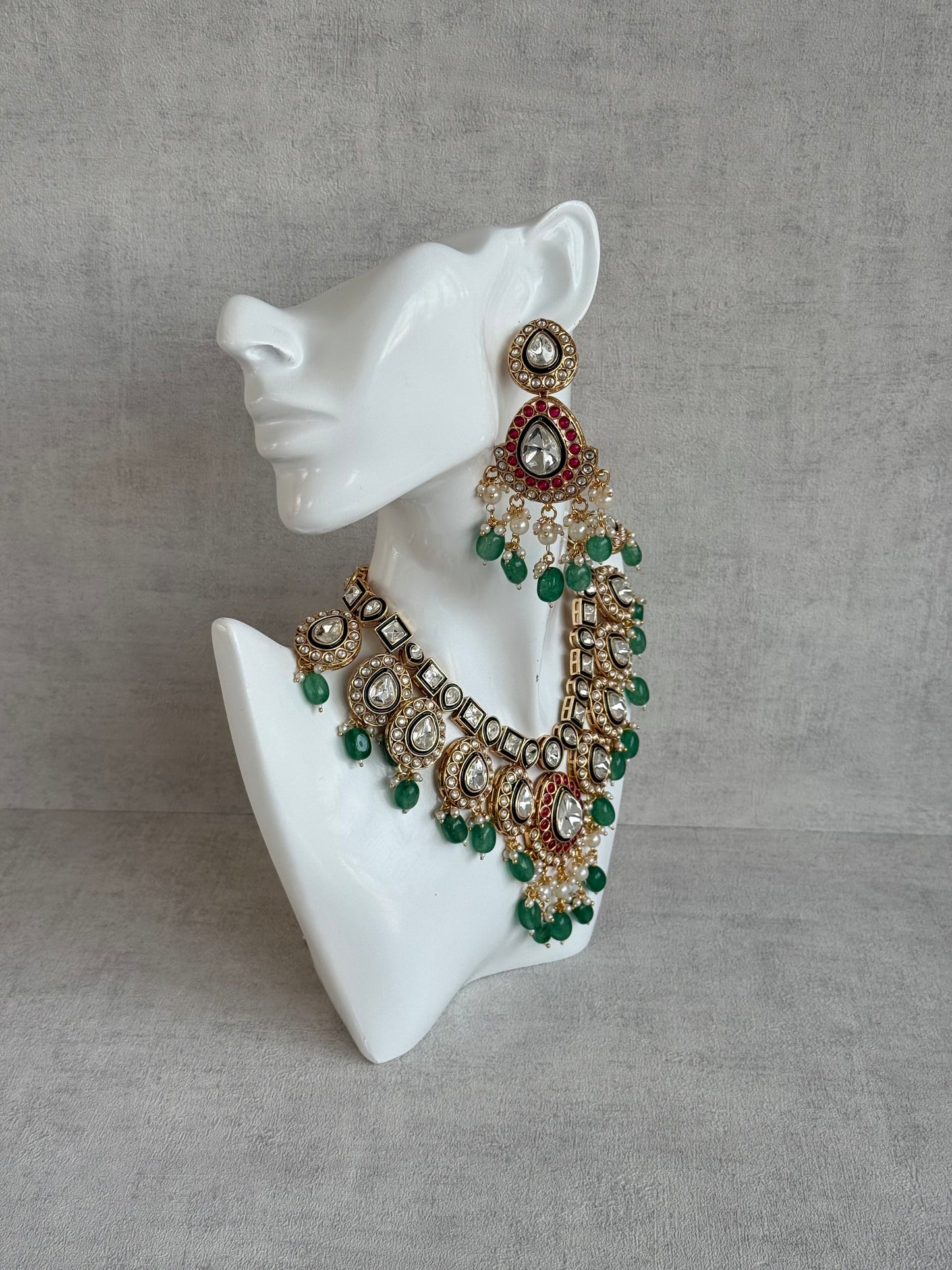 Ayura Designs Eesha Set with Necklace, Earrings & Tikka – Multicolour Stones with Kundan Detailing, Emerald Green Beads & Pearl Drops