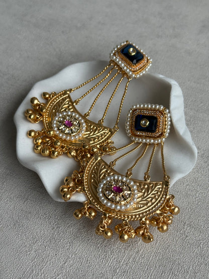 Ayura Designs Jheel Earrings – Navy Half-Moon Drops with Pearl Edging & Golden Ghungroos