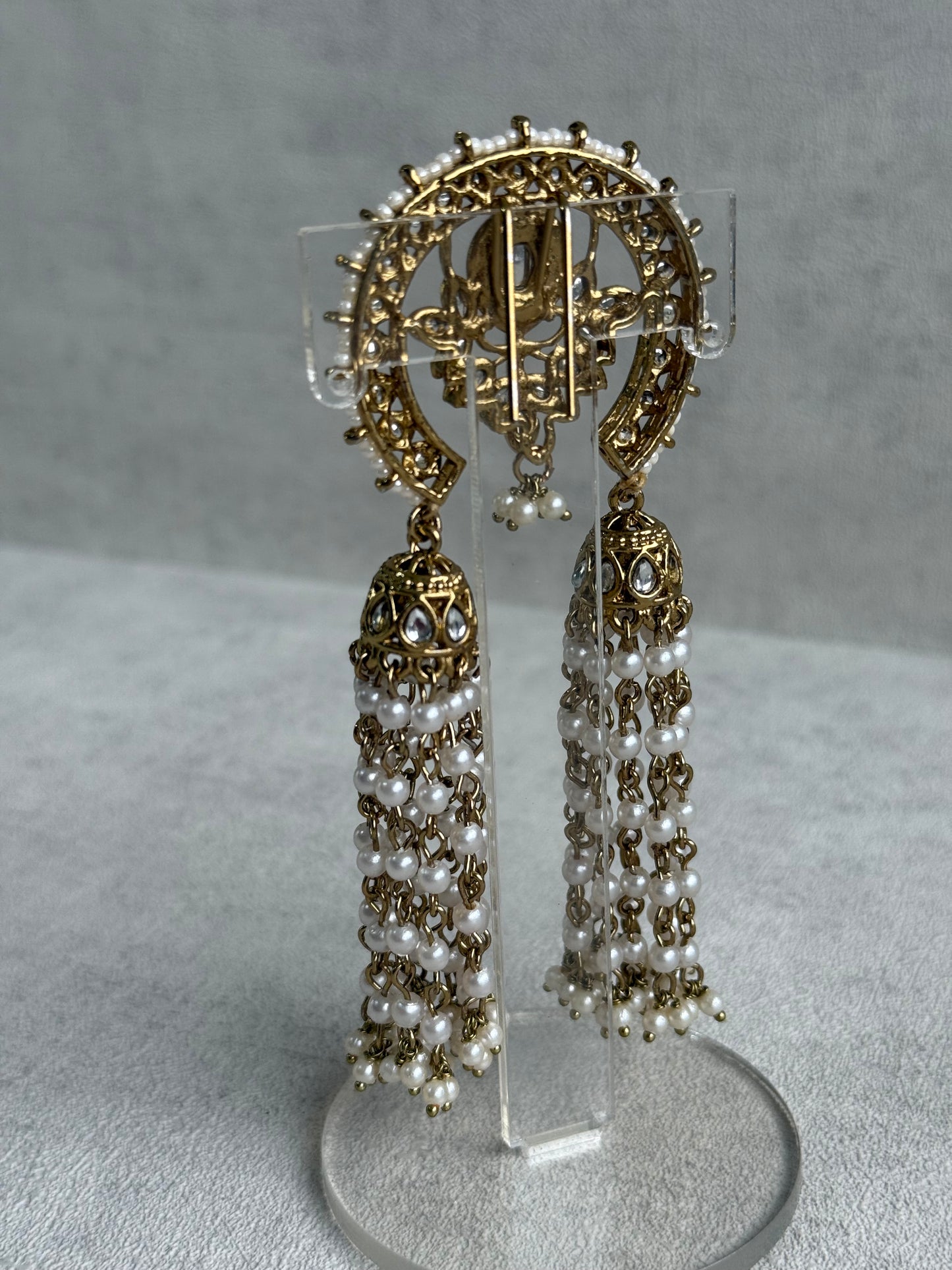 Ayura Designs Kamya Hair Brooch – Crescent Polki Design with Pearl Tassels & Antique Gold Finish