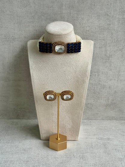 Ayura Designs Emma Choker Set – Sapphire Blue Gemstone Choker & Studs with Mirror-Cut Centrepiece, Pearl Strands & Crystal Borders