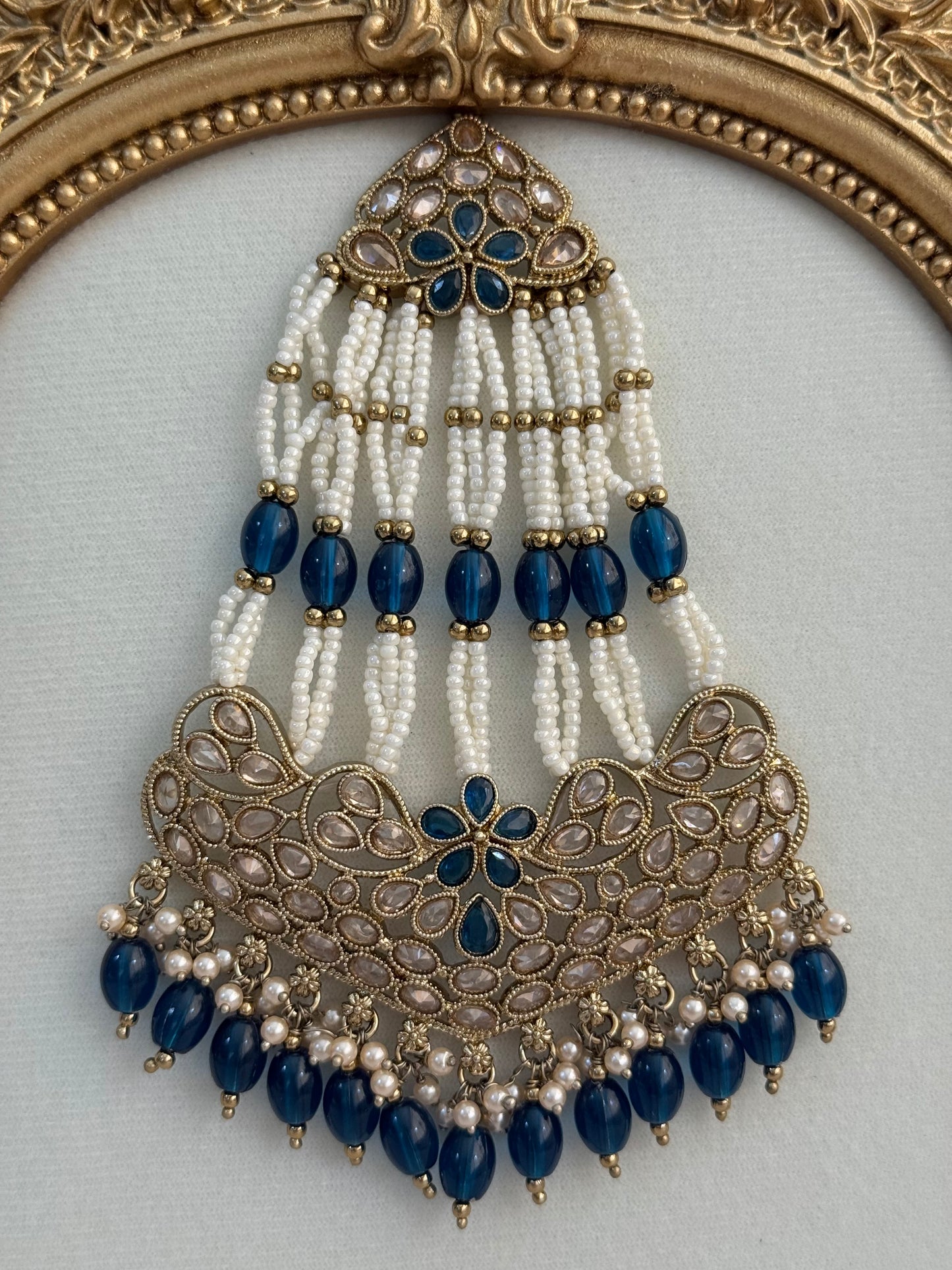 Ayura Designs Raya Jhoomar Passa – Ink Blue Beads with Kundan Detailing & Antique Gold Finish