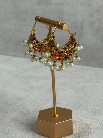Ayura Designs Rasam Balis – Antique Gold Hoops with Multicolour Stones & Pearl Clusters