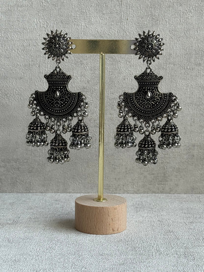 Ayura Designs Mahfar Earrings – Oxidised Silver Jhumkas with Sunburst Tops & Triple Dome Drops