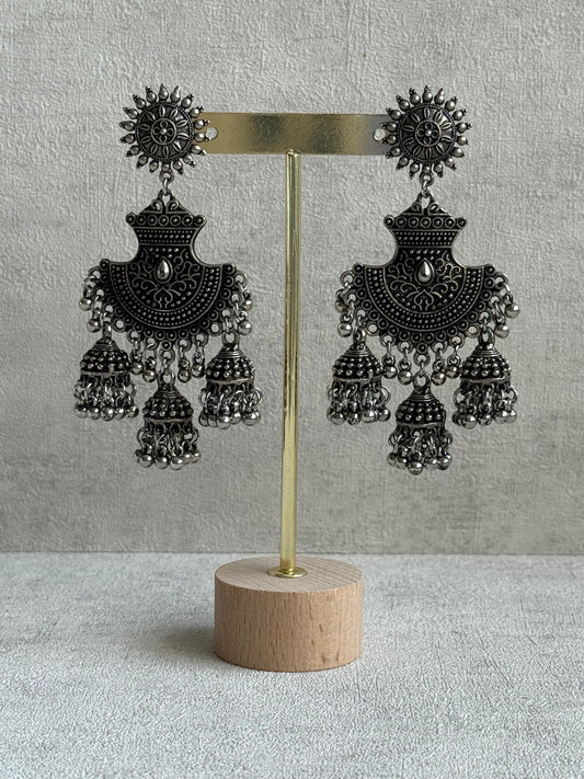 Ayura Designs Mahfar Earrings – Oxidised Silver Jhumkas with Sunburst Tops & Triple Dome Drops