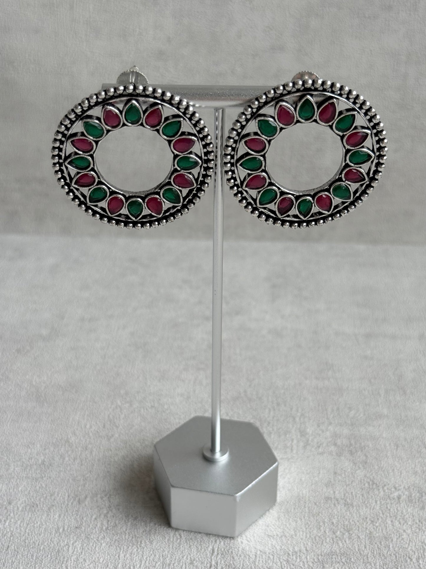 Ayura Designs Kesar Studs – Statement Oxidised Stud Earrings with Ruby Pink & Emerald Stones