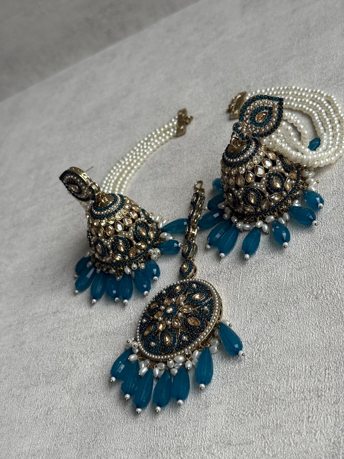 Ayura Designs Amrita Set – Jhumkis with Sahare & Tikka in Peacock Blue Beads, Pearls and Antique Gold Finish