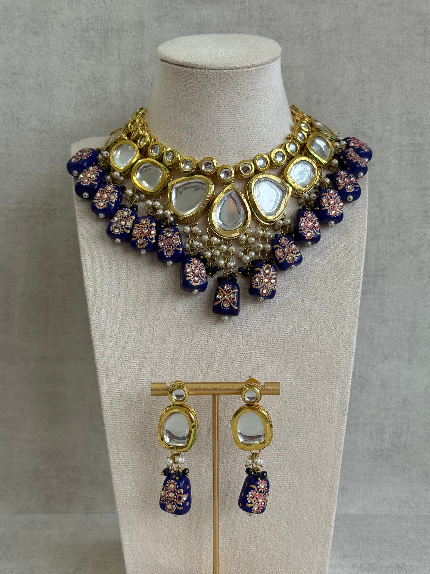 Ayura Designs Omika Set With Necklace And Earrings – Kundan Stones And Navy Blue Meenakari Drops