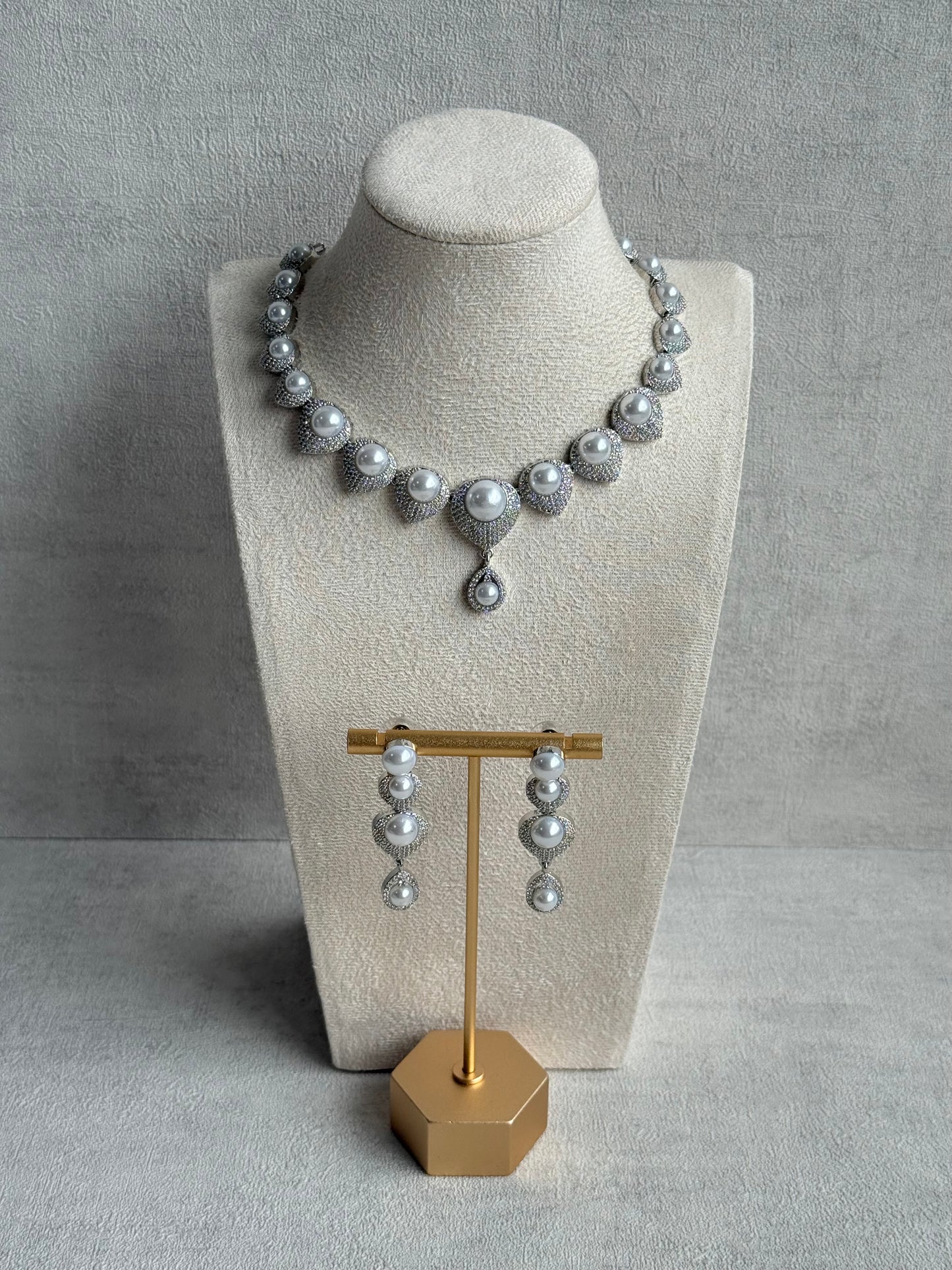 Ayura Designs Juliette Set with Necklace & Drop Earrings – Silver Crystal & Pearl Statement Set
