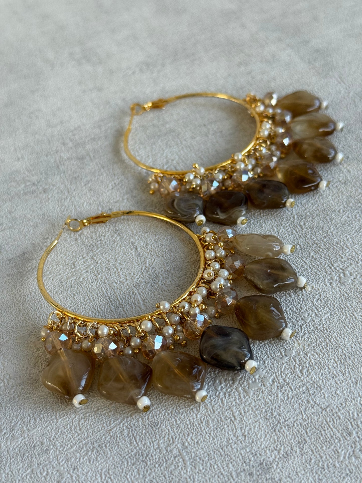 Ayura Designs Heer Balis – Gold Hoops with Mocha Marble Beads, Pearls & Crystal Detailing