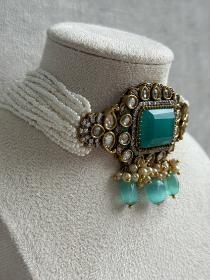 Ayura Designs Eva Choker Set with Earrings – Mirror-Cut Kundan, Pearl Strands & Mint-Green Stones in Antique Gold Finish