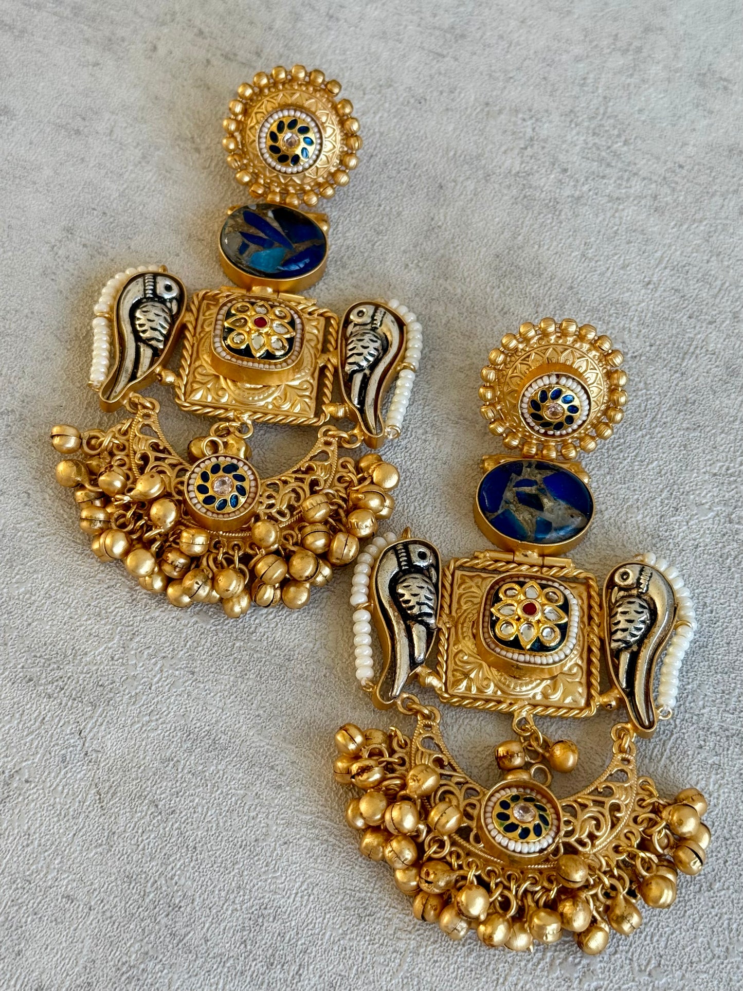 Ayura Designs Soha Earrings – Antique Gold with Midnight Blue Stone & Oxidised Parrots