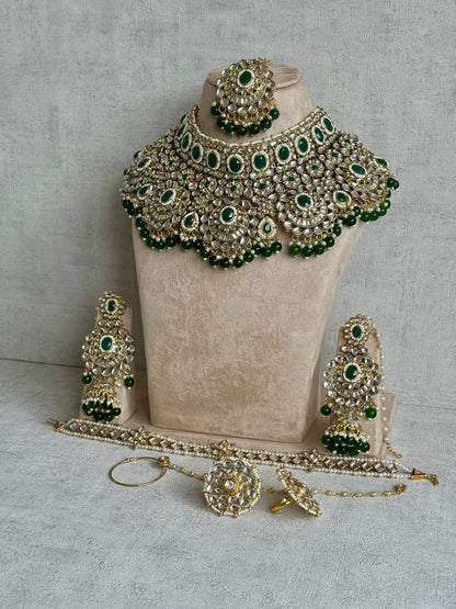 Ayura Designs Meherbano Bridal Set with Necklace, Jhumkis, Tikka, Nath, Ring & Sheeshphool – Jadau Kundan Craftsmanship with Mirror-Cut Polki, Emerald Green Stones & Antique Gold Finish