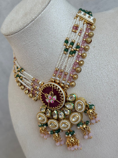 Ayura Designs Hasika Necklace Set with Earrings – Rose Pink, Emerald Green, Kundan & Pearl Detailing