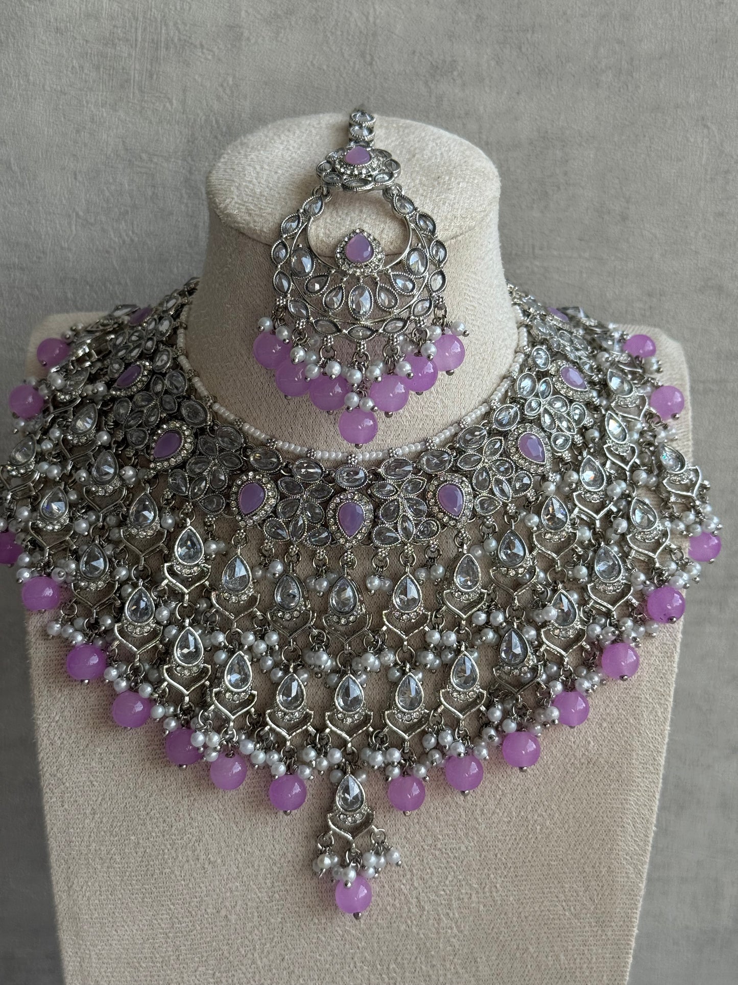 Ayura Designs Eknoor Set – Necklace, Tikka & Earrings with Aqua Blue Beads, Pearls and Silver Finish