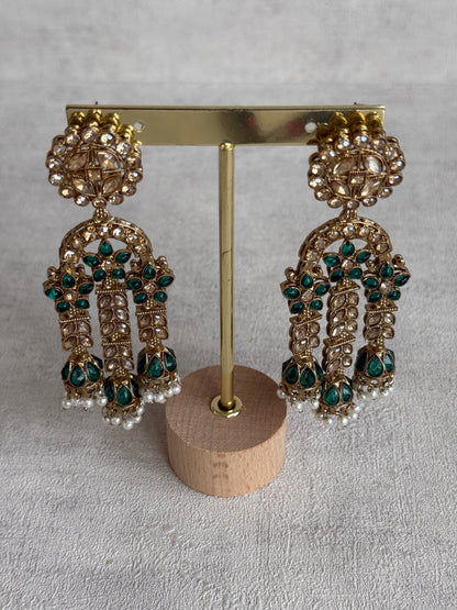 Ayura Designs Soraya Earrings – Emerald Green Stones, Champagne Crystals, Pearl Detailing & Gold Finish