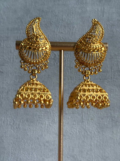 Ayura Designs Sonal Jhumkis – Antique Gold Filigree Earrings with Dome Detailing & Mini Ghungroos