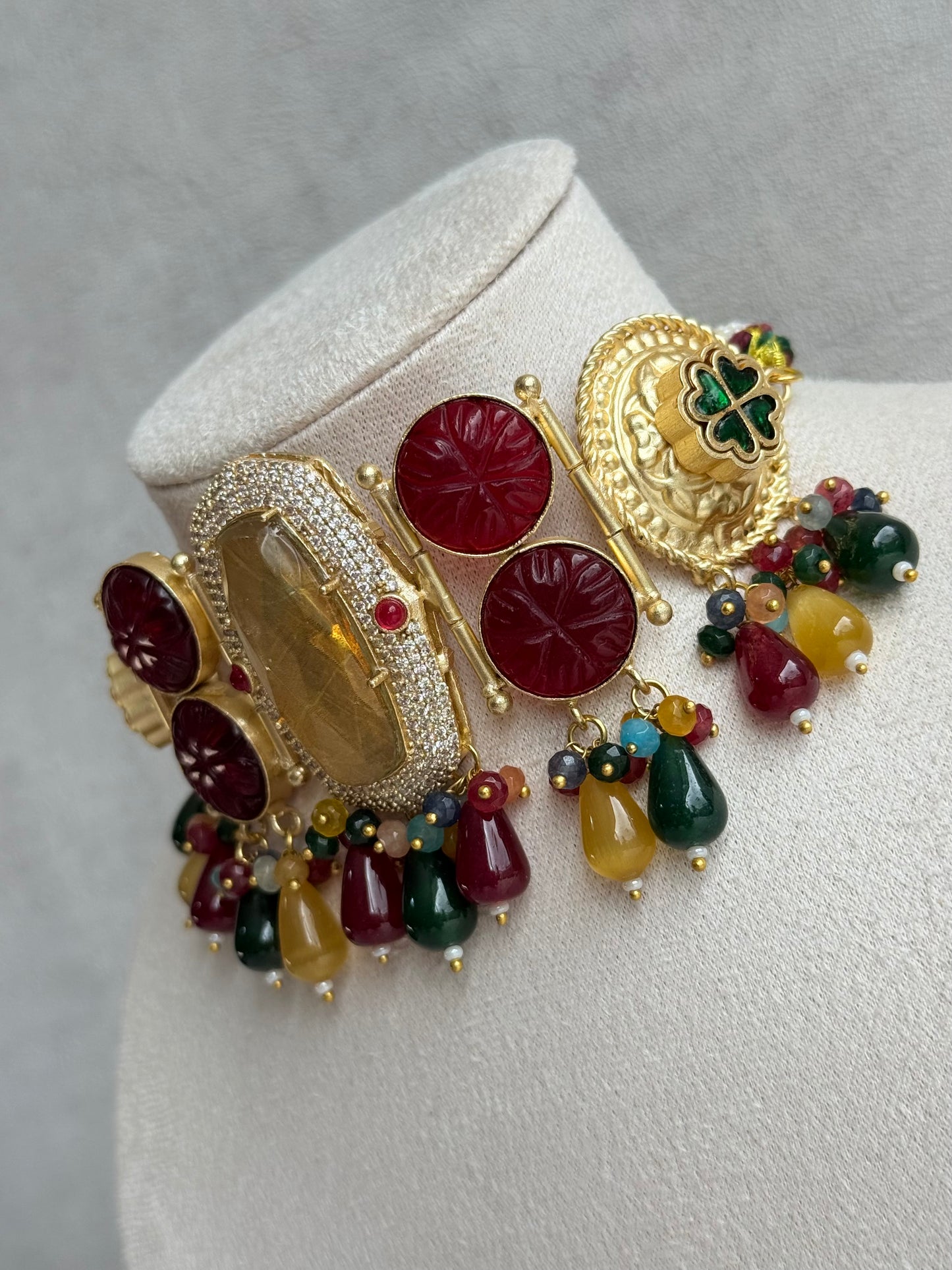 Ayura Designs Faizaan Choker Set with Earrings – Multicolour Stone Drops, Carved Ruby Details & Antique Gold Finish
