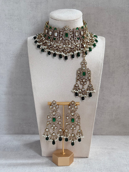 Ayura Designs Aisha Choker Set with Earrings & Tikka – Emerald Green Stones, Polki & Pearl Detailing