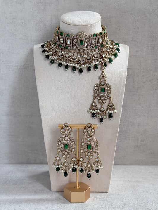 Ayura Designs Aisha Choker Set with Earrings & Tikka – Emerald Green Stones, Polki & Pearl Detailing